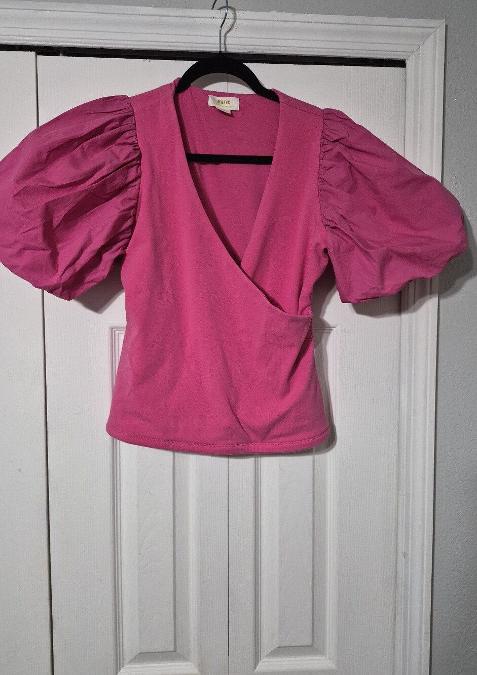 Anthropologie Barbiecore Coquette Hot Pink Puff-Sleeve Wrap Top